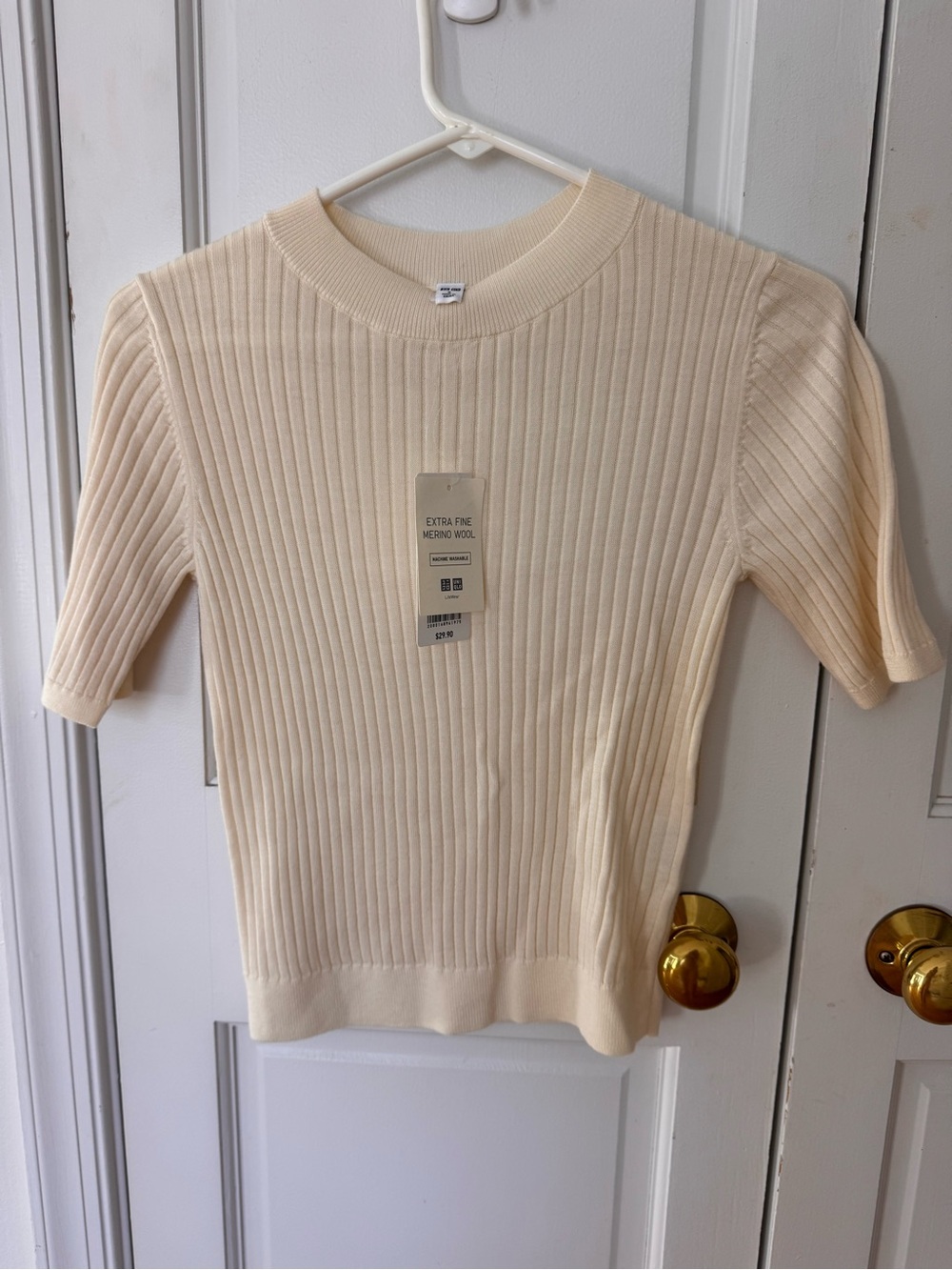 Uniqlo Cream Ribbed Merino Short Sleeve Top